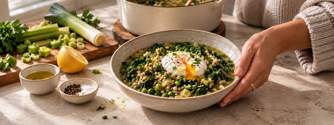 Barley and pea pot, with whatever protein you like.