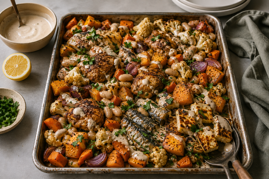 Winter traybake with butter beans and tahini.